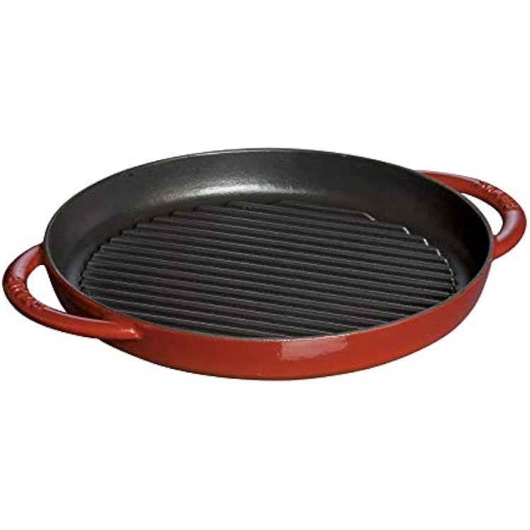 Staub 40510-309 Pure Grill Round Cherry, 10.2 inches 26 cm, Double Handed, Cast Enamel, Induction Compatible, Grill & Frying Pan