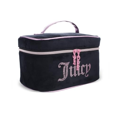 Juicy Couture Black Pink Makeup Bag Cosmetics Organizer Travel Essentials Train Case Velour Rhinestones