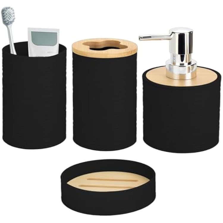 Bamboo Bathroom Accessories Set 4 Pcs, Black Bathroom Accessory Set with Soap Dispenser and Toothbrush Holder, Soap Dish and Mouthwash Cup, Boho Bathroom Decor