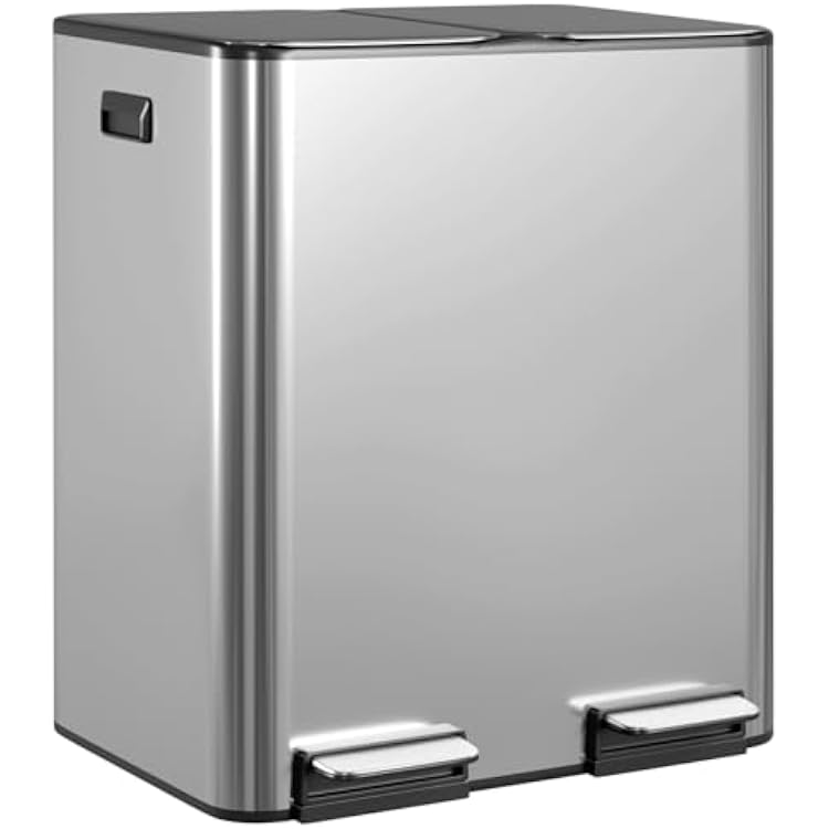 FDW Trash Can, 60 Liter 2x30L 16 Gallon Stainless Steel Step Can, Rectangular Trash Can with Inner Buckets and Hinged Lids, Suitable for Kitchen Office Home Use,Silver