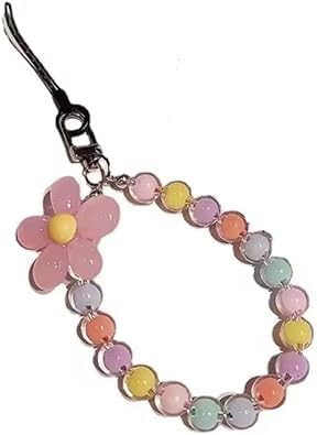 1pc Candy Color Mobile Phone Strap,Beaded Flower Bracelet Creative Hanging Rope Keychain Camera Chain Lanyard Beaded Flower Anti-Lost Phone Case Lanyard Girl Women's Wrist Strap,Phones Charms Decor