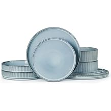 LIANYU Dinnerware Plates and Bowls Dishes Set, 8 Piece Elegant Stoneware Sets with Pasta Bowls for 2, Modern Ribbed Ceramic Dining Ware for Restaurant Wedding, Dishwasher Safe, Slate Blue
