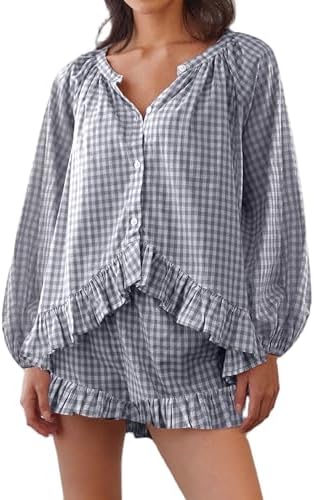 Women Y2K Plaid Pajama Sets Short Sleeve Ruffle Babydoll Shirt Elastic Waist Shorts Cute Gingham 2 Piece Sets