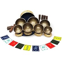 Tibetan Singing Bowl Set of 7, 3- 5.2 Om Mane Padme Hum Singing Bowl, Himalayan Singing Bowl, Handmade, w/ silk cushions, 7 sticks, Flag and Silk Brocade Box, ESK-06