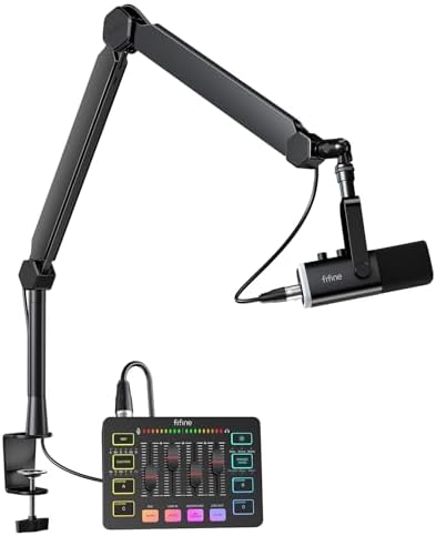 FIFINE Gaming Equipment Bundle with Mic Boom Arm, Dynamic XLR/USB Mic, Audio Mixer, with Heavy Duty Metal Arm Stand Set for Streaming, Podcast, Recording, Vocal, with Volume Control, RGB (KS5+BM66T)