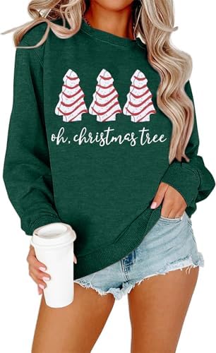 BANGELY Christmas Sweatshirt Women Christmas Tree Cake Graphic Sweater Shirts Xmas Holiday Pullover Cute Long Sleeve Tops
