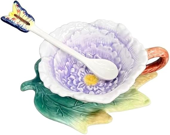 Ceramic Tea Cup and Saucer Set ,6OZ 3D Hand-painted Peony Flower Coffee Mug,Gift for Women -Purple