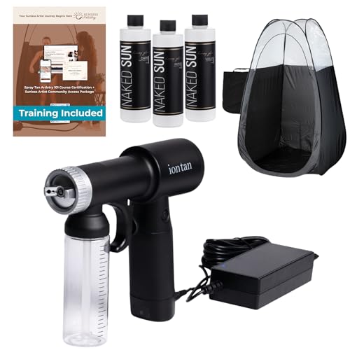 Naked Sun IonTan Pro Corded Portable Spray Tan Machine with Honey Glow Tan Solution and Professional Tanning Tent and Carry Bag Bundle also includes comprehensive Spray Tan Tranning Course.