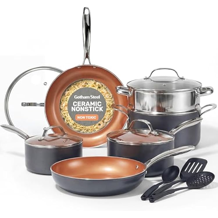 GOTHAM STEEL 15 Pc Ceramic Cookware Set, Ceramic Pots and Pans Set Non Stick with Cooking Utensils and Steamer, Non Toxic PFOA PFOS Free, Premium Stay Cool Handles, Oven & Dishwasher Safe