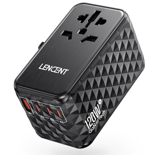 LENTEC 120W Black Travel Plug Adapter - International Adapter with 1 USB-A & 3 USB-C, Fast Charger for Phones & Laptops Worldwide
