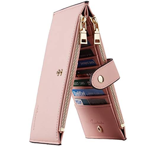 Travelambo Womens Wallet Slim RFID Blocking Bifold Credit Card Holder Wallet with 16 Card Slots, 2 Zippered Pockets Pink Lotus