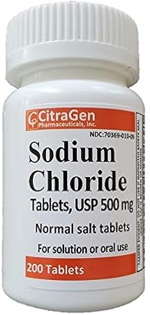 Sodium Chloride Tablets 500 mg (0.5 gram), USP Normal Salt Tablets - 200 Tablets by CitraGen Pharmaceuticals, Inc.