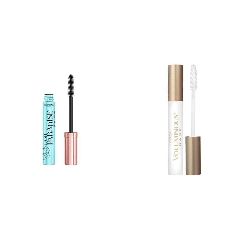 L'Oreal Paris Voluminous Lash Paradise Waterproof Mascara, Blackest Black, 0.25 Fl Oz Pack of 1 & Makeup Voluminous Lash Boosting Conditioning Primer Mascara, White Primer, 0.24 fl; oz
