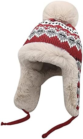 Women Winter Beanie Hat Thick Fleece Lined Warm Earflap Trapper Hat Pom Pom Jacquard Knited Outdoor Ski Snow Cap