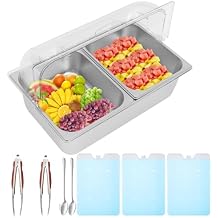 Countertop Ice Food Serving Display Container, 2 Compartments Condiment Dispenser with Lid, 2 Pans, 2 Clamps, 2 Spoons and Ice Packs, Condiment Tray with Ice Chamber for Buffet Restaurant Kitchen