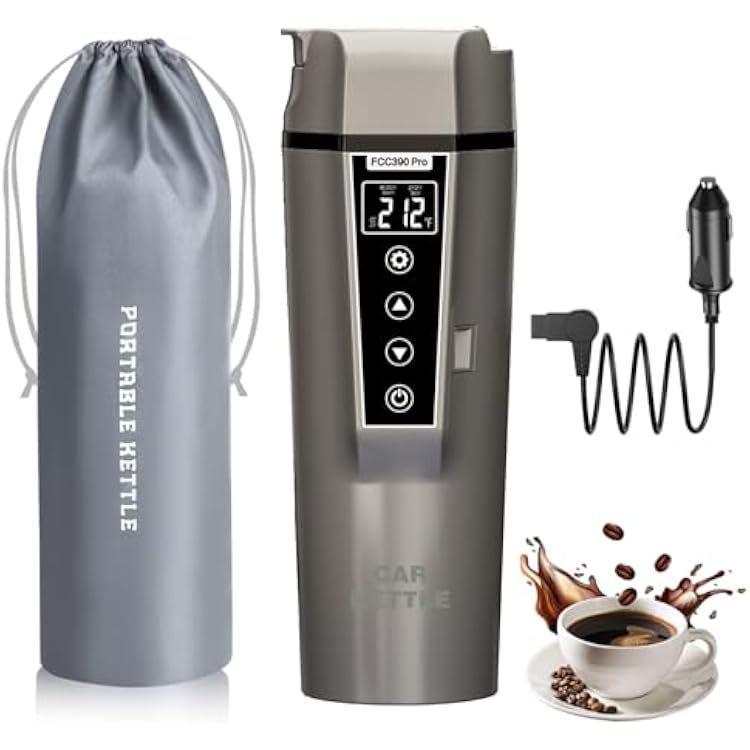 Car Electric Kettle: 12V24V Portable Water Boiler Heated Travel Mug,Multiple Temperature Adjustable Coffee Tea Truck Cup with 304 Stainless Steel Dry Burn Protection & Handy Cup Bag Taupe, 400 ML