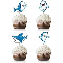 Shark Cupcake Topper Picks, 24-Pack Shark Birthday Party Supply Decorations