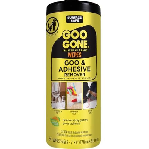 Goo Gone Clean Up Wipes Adhesive Remover - 24 Count - Removes Adhesive Residue Labels Stickers Crayon Tree Sap Gum Masking Tape Glue and More