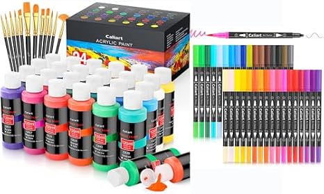 Caliart 24 Colors (120ml, 4oz) Acrylic Paint Set with 12 Brushes, 34 Double Tip Brush Pens Art Markers, Canvas Ceramic Rock Craft Painting Kit Art Supplies Gift for Artists Kids Beginners