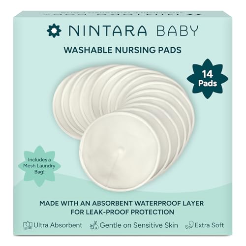 Nintara Baby Reusable Nursing Pads Soft & Absorbent Breast Pads, Bamboo Viscose Blend, Contoured Fit, Leak-Resistant, Pack of 14 with Laundry Bag