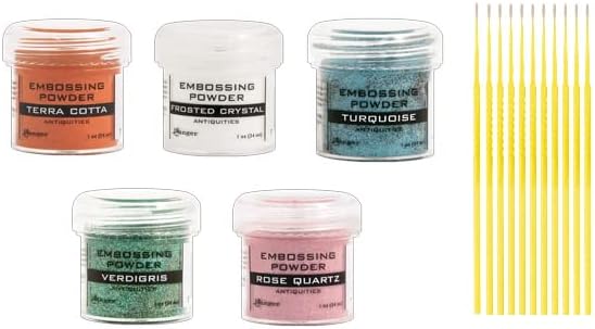Ranger Embossing Powder Bundle - Frosted Crystal, Rose Quartz, Terra Cotta, Turquoise, and Verdigris - Use with Ranger Embossing Inks - with Trebbies Detail Sticks