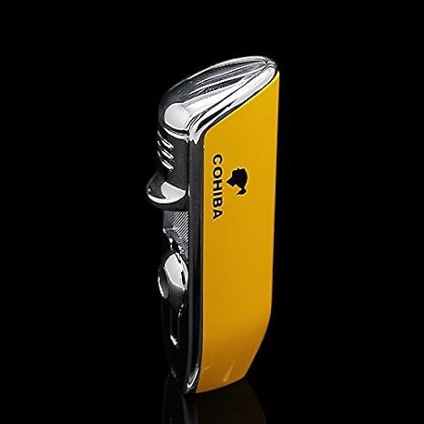 Chrome Steel Yellow 3 Torch Jet Flame Butane Cigar Lighter and Punch 2 in 1 with Gift Box (Yellow)