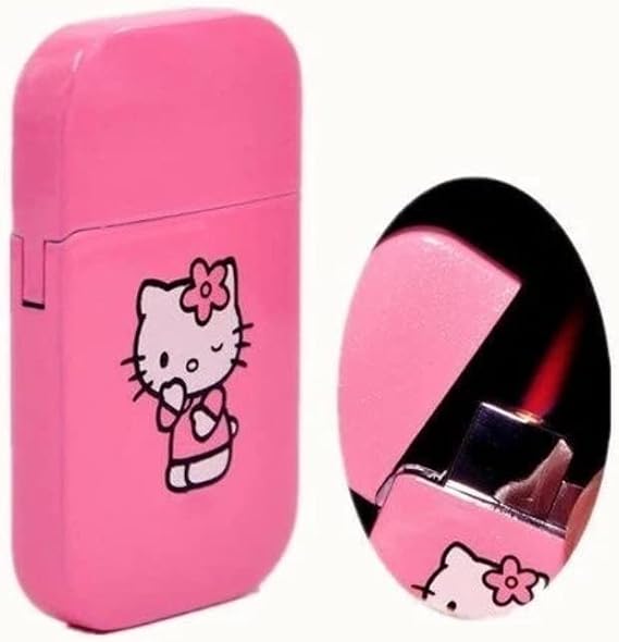 NIVEK Pink Glitter Kitty KT Cat Pink Flame Pocket Lighter Refillable Kawaii Y2K Aesthetic Windproof Flame