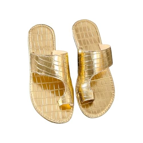 GORGLITTER Womens Gold Metallic Cut Out Flat Sandals Dressy Toe Ring Vacation Slides Flip Flops