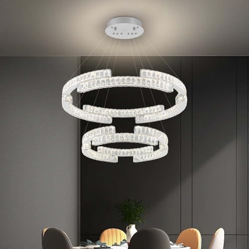 D32D20 Modern 2 Ring Crystal Chandelier for Living Room Dining Room Ring Pendant Light Foyer Entrance Chandeliers LED Dimmable 3000-6000K