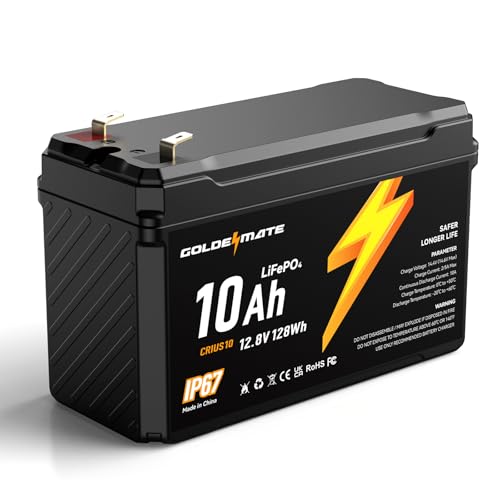 GOLDENMATE 12V 10Ah LiFePO4 Lithium Battery, 5000 Deep Cycles, IP67 Waterproof Lithium Iron Phosphate Battery, Built-in BMS, Ideal for Power Wheels, Solar, Marine, Fish Finder, Ride-on Toy, Camping