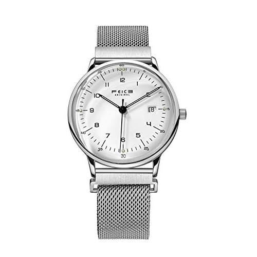 FEICE Ultra-Thin Automatic Mens Bauhaus Style Mechanical Watch White Dial Stainless Steel Strap Analog Three-Hand Casual Dress Watch Christmas Gift Mens Watch. -FM221Pro Silver