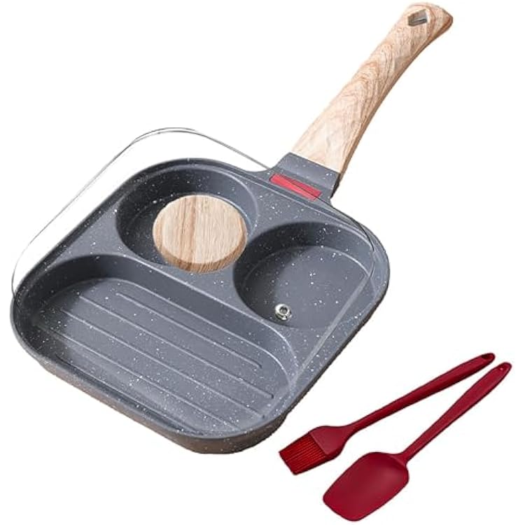 Egg Frying Pan 3-In-1 Divided Nonstick Egg Pan with Lid Breakfast Grill Pan Skillet Compatible with Gas Stove & Induction Cooktops Gray, 3 Hole With Lid