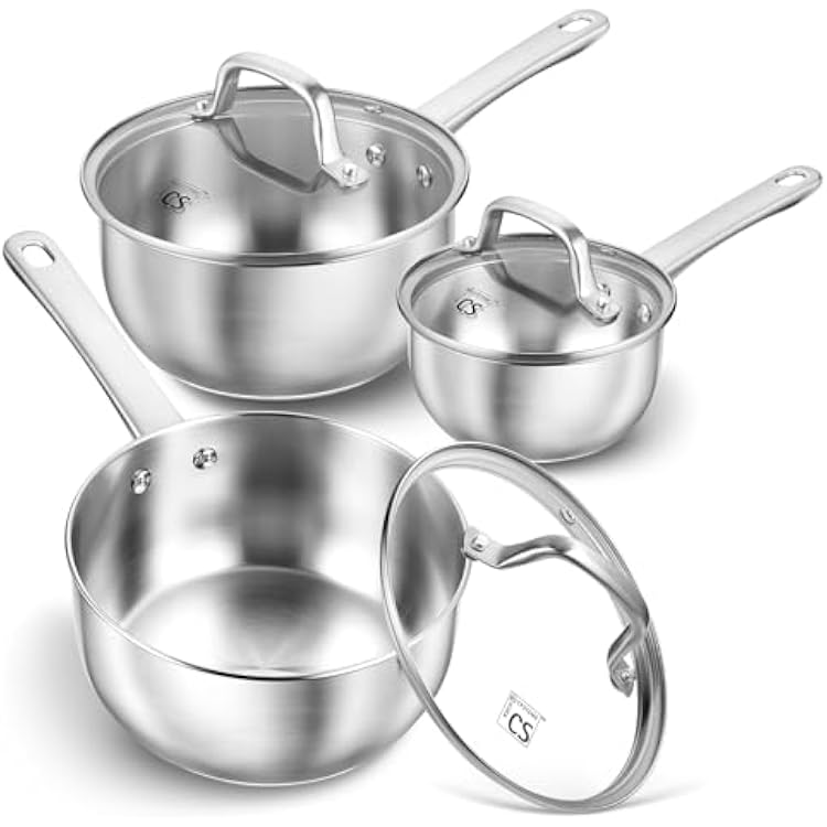 KOCH SYSTEME CS Stainless Steel Saucepan Set, 1QT & 2QT & 3QT Sauce Pan, Premium 1810 Steel Sauce Pan Set, Induction Saucepans, Stainless Steel Pot Set 6 Piece, Easy to Clean, Oven Safe
