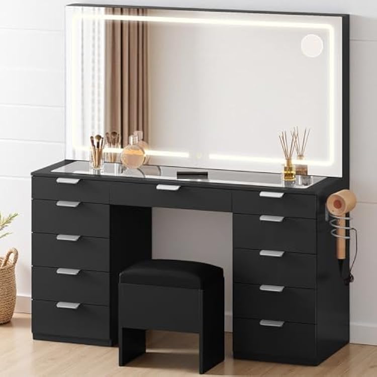 DWVO Vanity Desk with Adjustable Lighting Mirror & Charging Station, Makeup Table with Glass Top, 11 Drawers, Hair Dryer Holder, Hidden Storage Stool