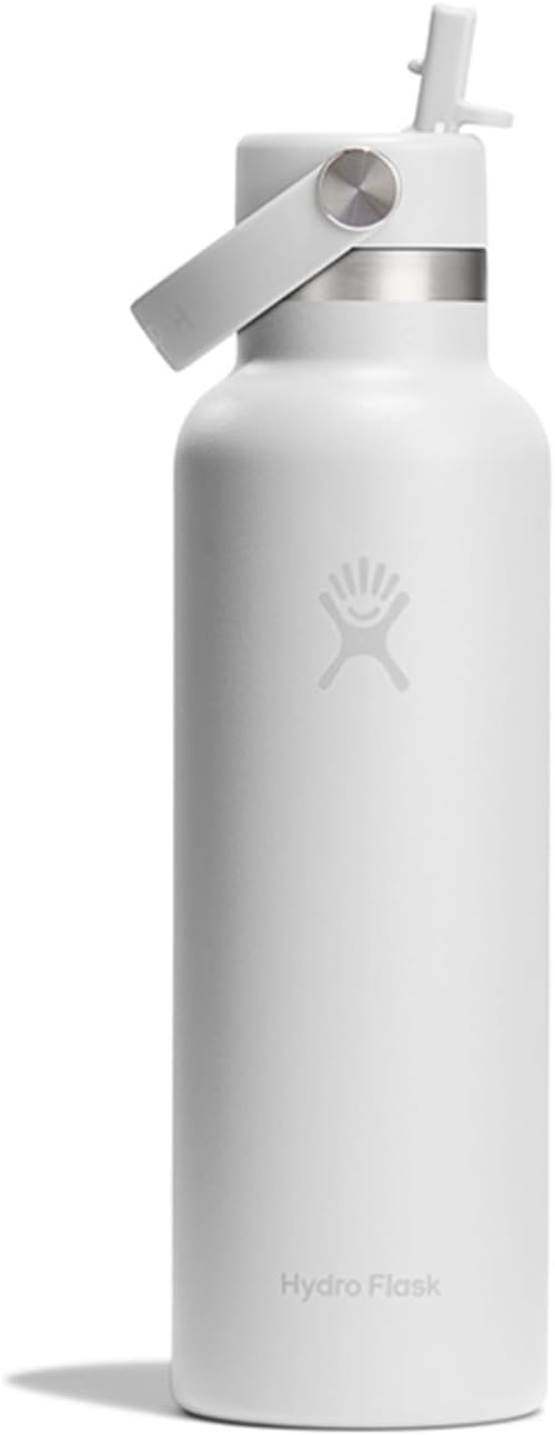 Stainless Steel Bottle, Standard Mouth Flex Straw, 21 oz 621 ml, White, Thermal Insulated Water Bottle