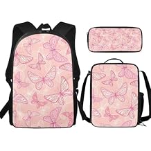 Butterfly Textured Pink Print Back to School Backpack Set 17x11x5in Bookbag with Lunch Box & Pencil Case, Trendy Backpack for Girls Boys Teens, Water-Resistant Lightweight College Work