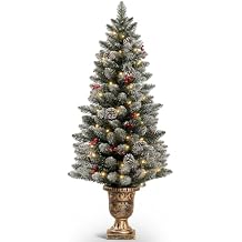 Decoway 4ft Christmas Tree Pre-Lit Artificial Mini Trees with Gold Pot Base, Flocked Snow 70 Warm White Led Lights Pine Cones Red Berries, for Entrances, Home Decorations Holiday Decor
