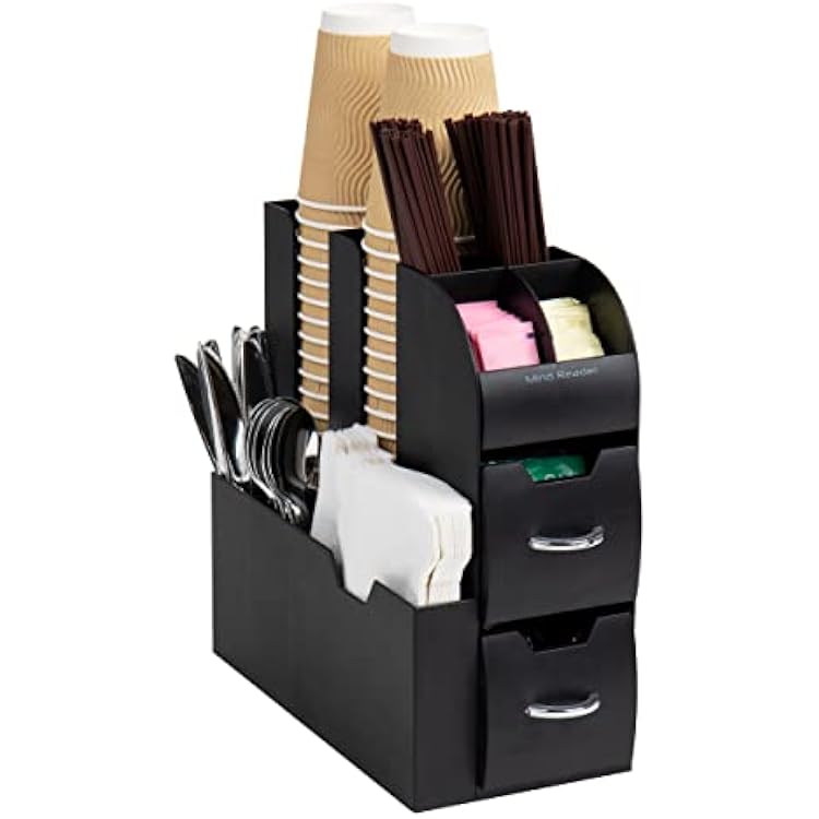 Mind Reader Cup and Condiment Station, Countertop Organizer, Coffee Bar, Kitchen, Stirrers, 5.35W x 11.25L x 11.15H, Black