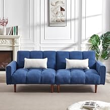 Convertible Futon Sofa Bed, Adjustable Couch Sleeper, Modern Fabric Linen Upholstered Couch Sleeper with Wooden Legs & 2 Pillows, Small 2 Loveseat for Apartment, Living Room, Bedroom (Blue)
