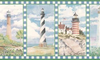 Lighthouse Wallpaper Border - Green/Blue Checks