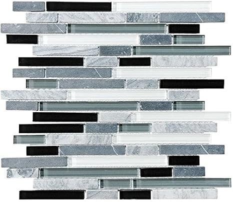 10 Square Feet - Bliss Midnight Stone and Glass Linear Mosaic Tiles - Bathroom Walls/Tub Surround/Kitchen Backsplash