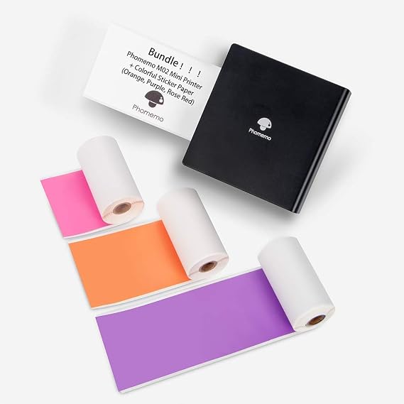 Phomemo M02 Mini Printer- Bluetooth Thermal Photo Printer with 3 Rolls Colorful Sticker Paper, Compatible with iOS + Android for Plan Journal, Study Notes, Art Creation, Work, Gift