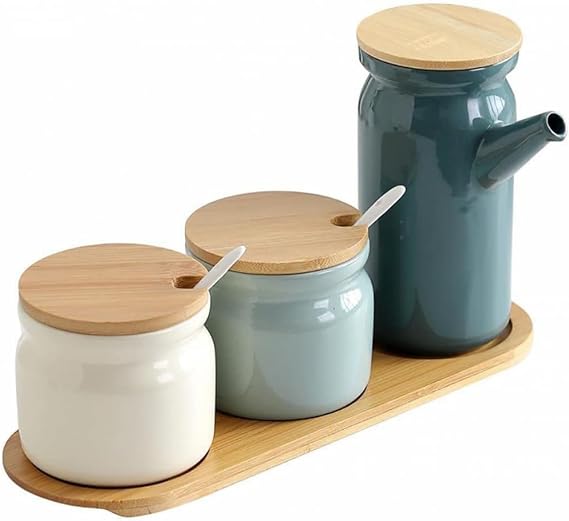 Ceramic Spice Jars, Spice Jars, Salt and Pepper Shakers, Kitchen Spice Box with Spoons, Sugar Pot Salt Pot Oil Bottle Vinegar Oil Dispenser, Kitchen Accessories