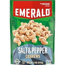 Emerald Nuts, Salt and Pepper Cashews, Stand Up Resealable Bag, 5 Ounce (Pack of 12)
