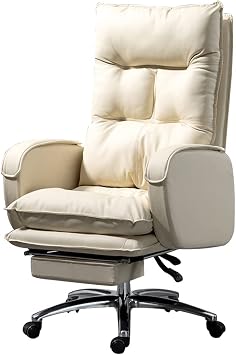 Computer Desk Chair Leather Comfortable Sedentary Lie Down Executive Chair, Home Adjustable Learning Managerial Chairs, Fully Wrapped Armrest, Bearing 300Kg/661.4Lbs,Off-White