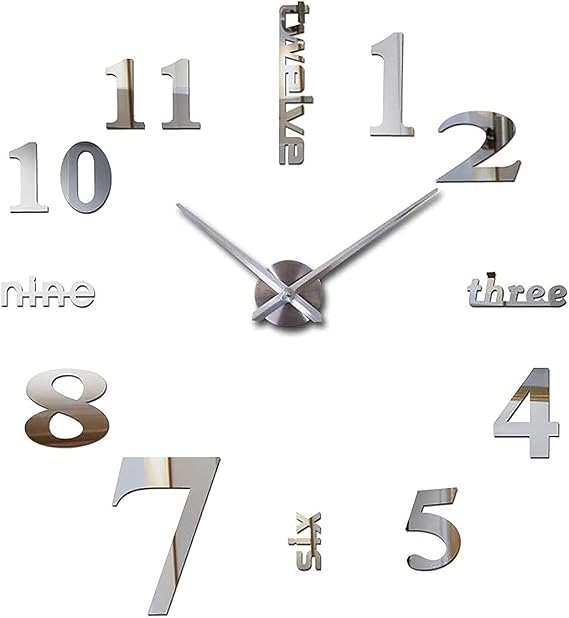 3D DIY Large Wall Clocks for Living Room Decor Wall Clock Stickers (Silver)