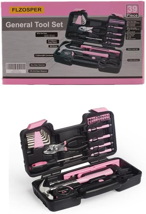 39-Piece General Tool Set-Essential Household Hand Tool Kit with Portable Toolbox Storage Case(PinkLevel Ruler))
