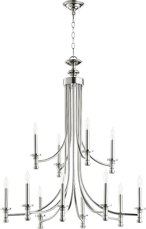 Quorum 6022-12-62 Transitional 12 Light Chandelier from Rossington Collection in Polished Nickel Finish,
