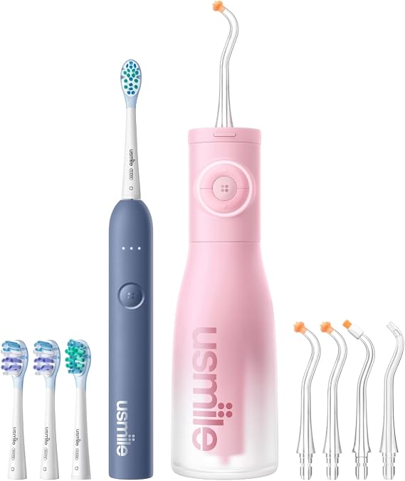 Portable Travel Oral Care Kit usmile C30 Water Flosser (Pink) + P10S Sonic Toothbrush (Blue) + Guidance Nozzles + Replacement Brush Heads