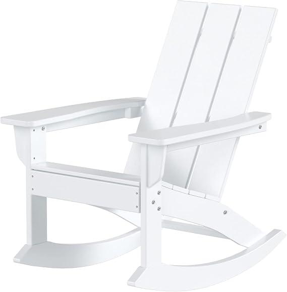 WestinTrends Ashore Patio Rocking Chair, All Weather Poly Lumber Plank Adirondack Rocker Chair, Modern Farmhouse White Rocking Chairs for Porch Garden Backyard and Indoor